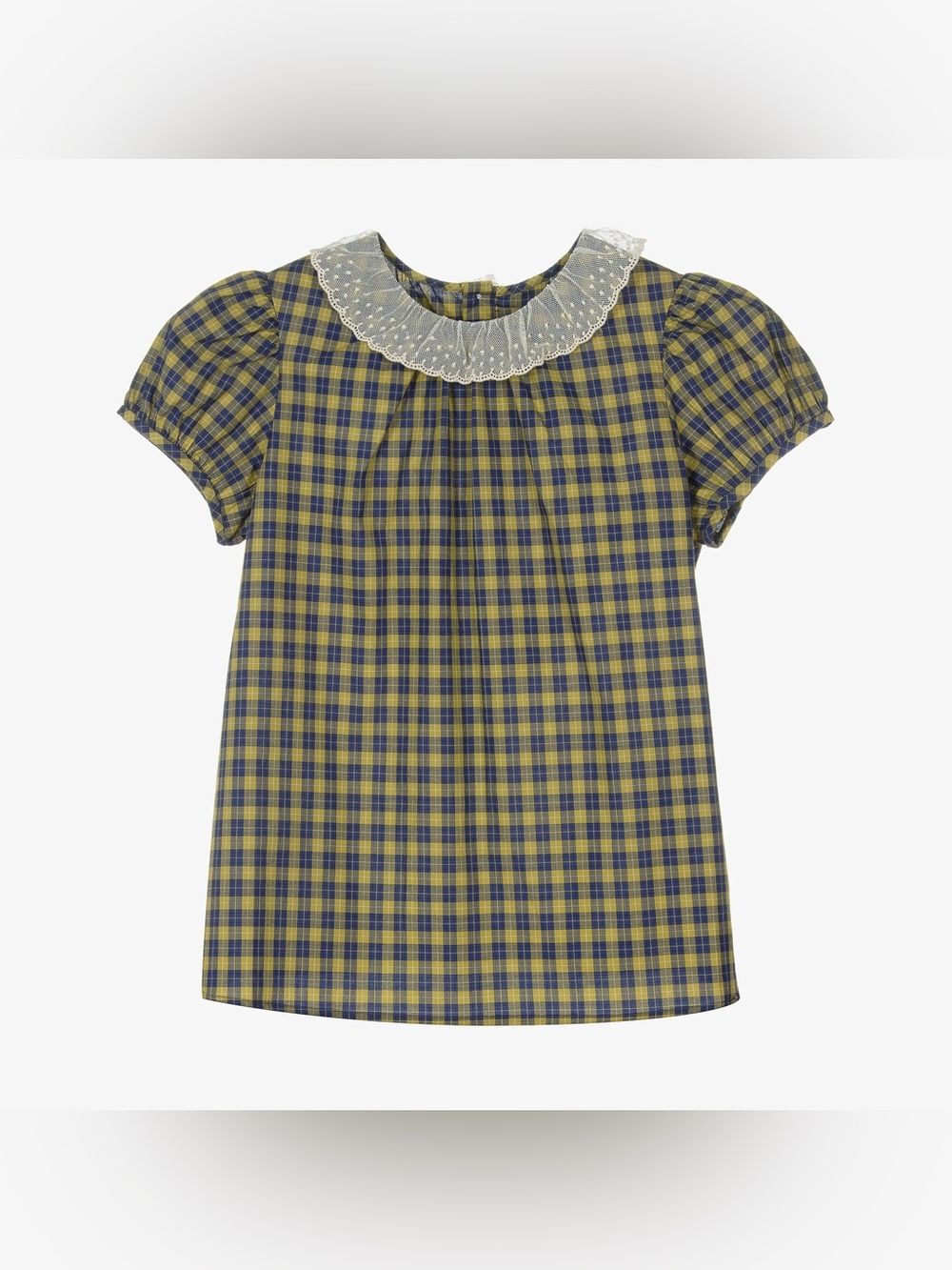 Bonpoint Yellow and Navy Plaid Puff-Sleeve Top with Lace Collar
